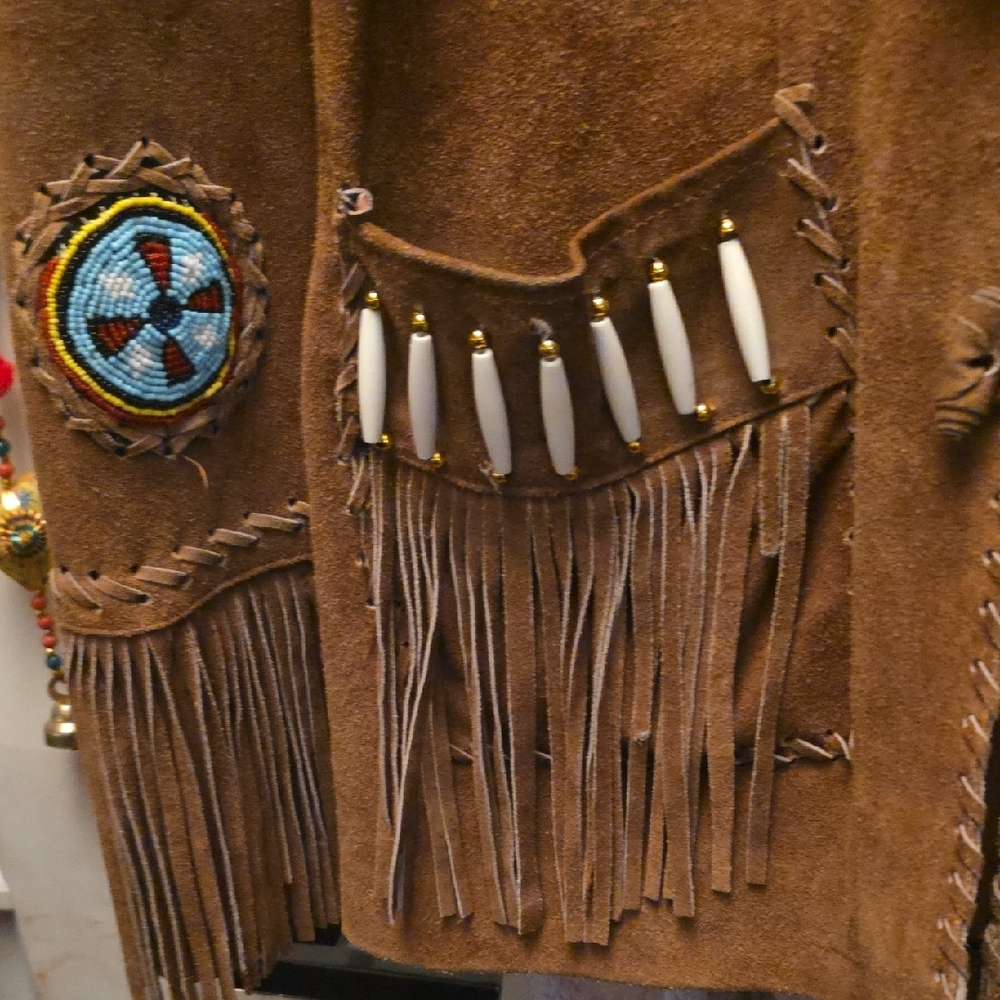 Embroidered Brown Leather Jacket with Blue Details - Picture 5 of 13